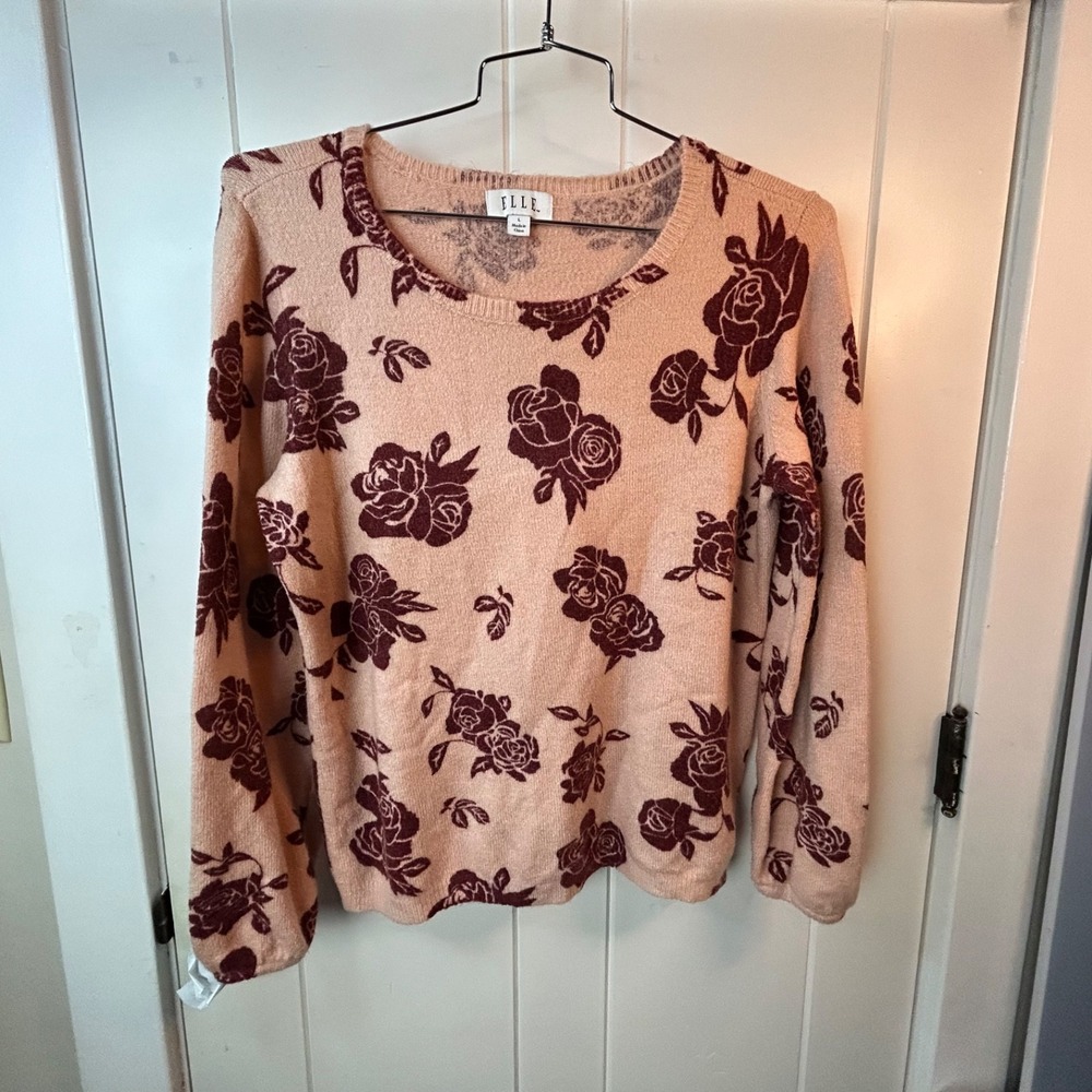 Elle Pink Red Rose Long Sleeve Pullover Sweater Women's Size Large